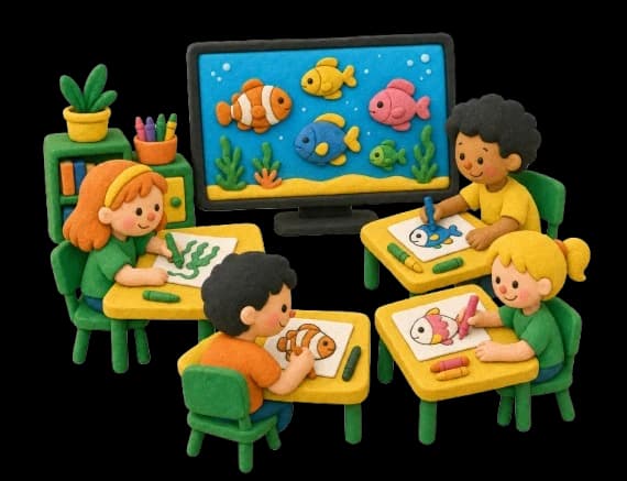 Kids coloring fish at a classroom table with a shared aquarium screen